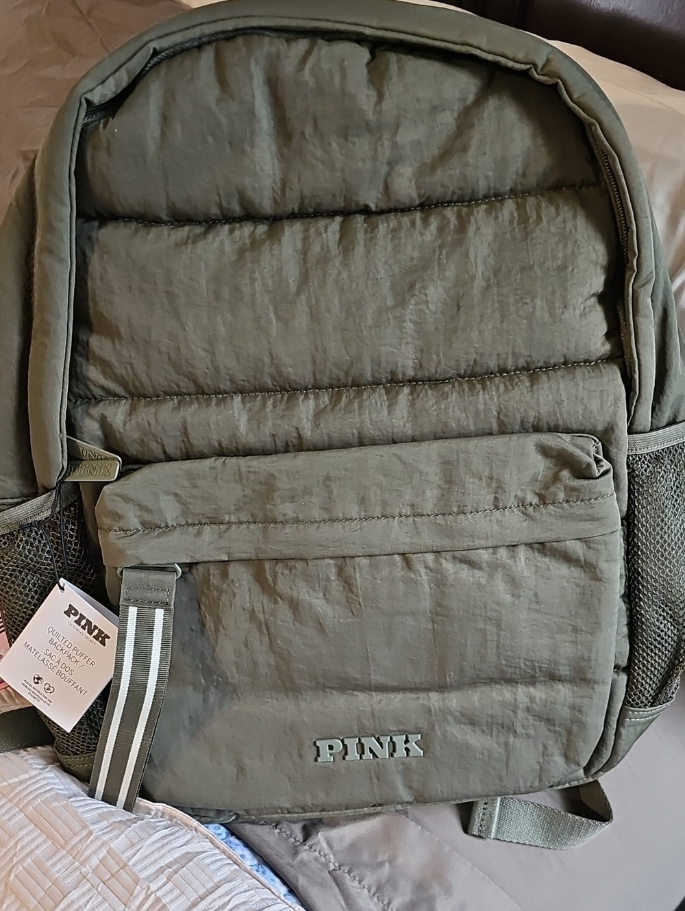 PINK Victoria's Secret Olive Green Quilted Backpack with Front Pocket